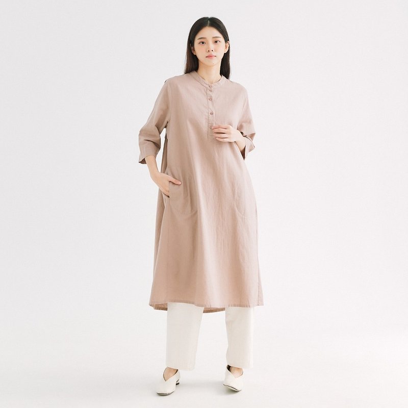 【Simply Yours】Half-cardigan Linen and linen dress lotus root powder F - One Piece Dresses - Cotton & Hemp Pink