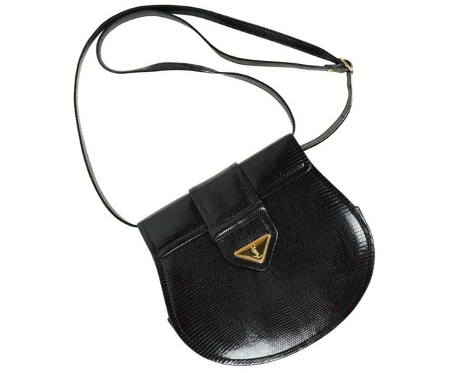 【美品】イヴサンローラン　ショルダーバッグ　YSL　裏地総柄　リザード　ブラック 美品】Yves Saint Laurent イヴサンローラン ショルダーバッグ