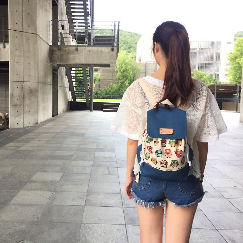 When the color owl meets blue backpack / gift free printed name leather superscript - กระเป๋าเป้สะพายหลัง - ผ้าฝ้าย/ผ้าลินิน สีน้ำเงิน