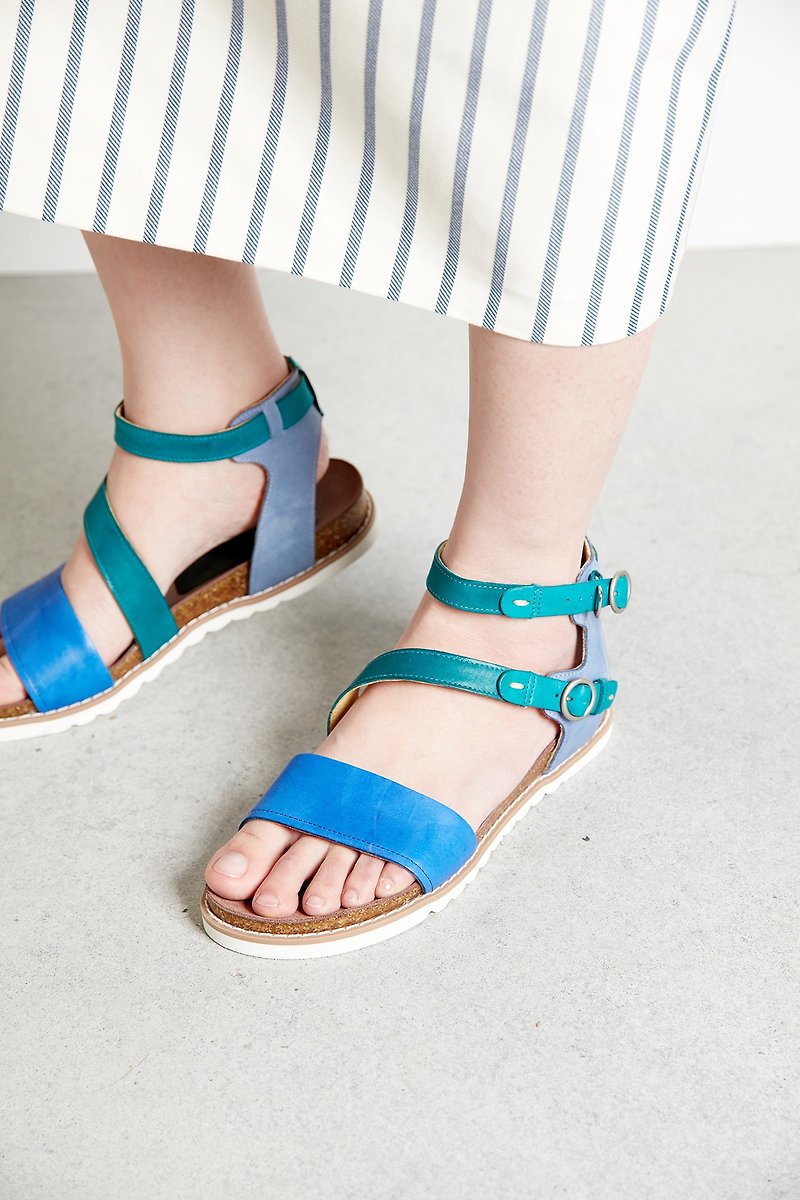 H THREE double row ankle sandals / flat / blue / turkey green / # seasonal exit style, not returned, please confirm the size and then buy - Sandals - Genuine Leather Blue