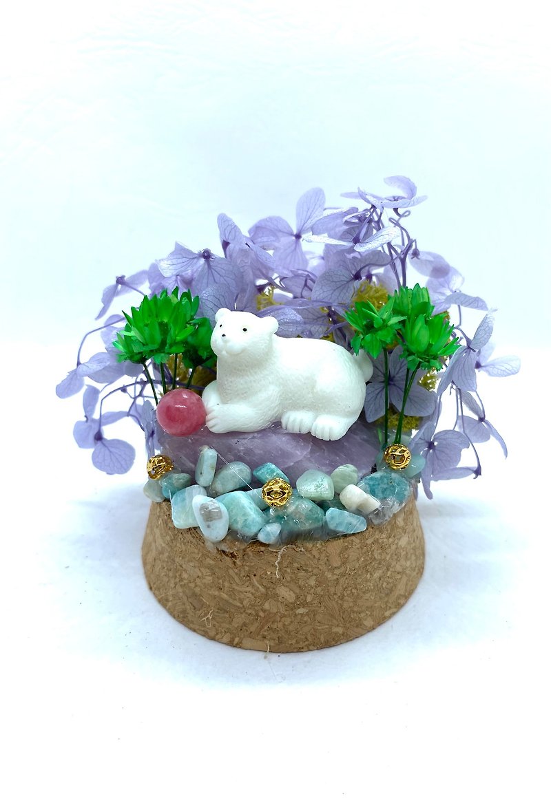 淡紫花園-北極熊與紫鋰輝石/紅紋石-手工玻璃罩公仔/水晶/乾燥花 - 擺飾/家飾品 - 水晶 