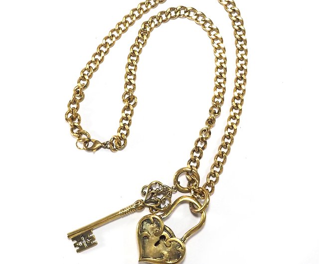 Heart Shaped Lock & Key Necklace in Brass. - Shop MAFIA JEWELRY