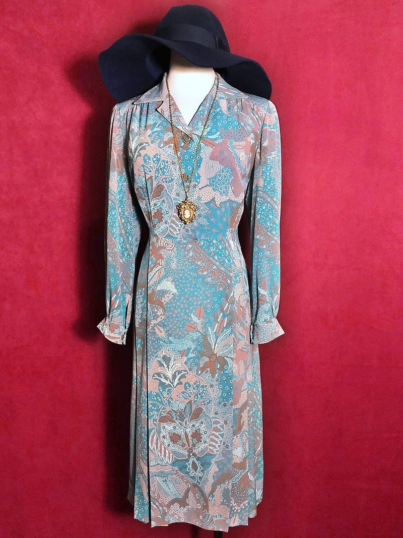 Flower water blue long sleeve vintage dress / abroad brought back VINTAGE - One Piece Dresses - Polyester Multicolor