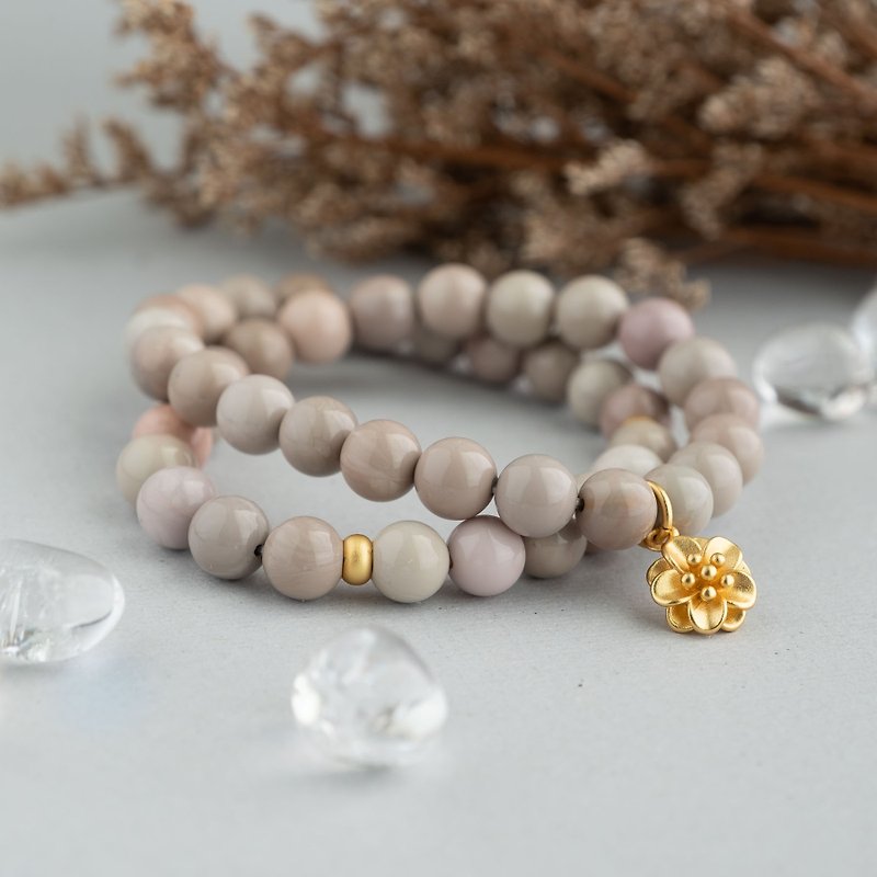 Double Alashan agate genuine gemstones stretch bracelet floral blossom gift - Bracelets - Crystal Multicolor