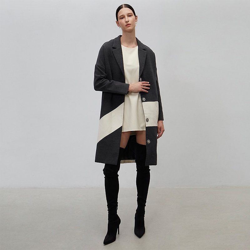 Diagonal cut two-color stitching long wool coat coat (gray)│Who Cares Taiwan clothing brand - Women's Casual & Functional Jackets - Cotton & Hemp Gray