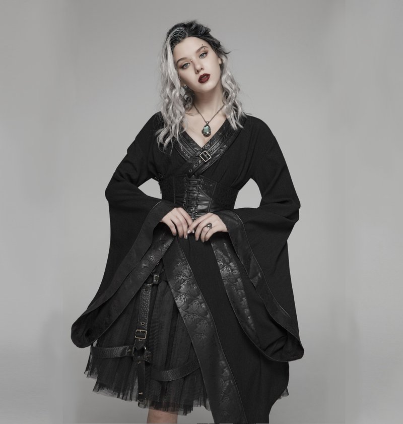 Oriental witchcraft punk kimono / with girdle / Angela Chang's same style / soon to be out of print - ชุดเดรส - วัสดุอื่นๆ สีดำ