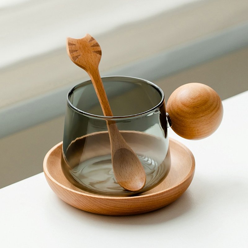 [Useless Daily] Simple Design Coffee Cup Set Glass Cup Heat-resistant Glass Cup Wooden Cat - ถ้วย - แก้ว สีทอง