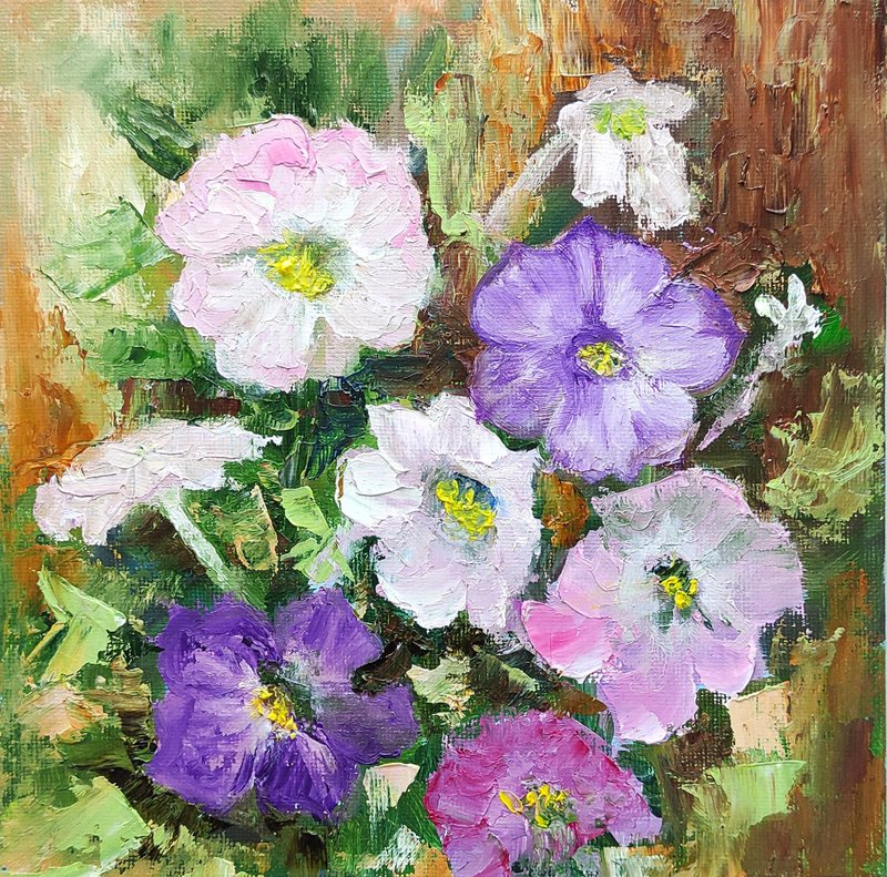 Petunia Flowers Original Oil Painting Garden Floral Wall Art Gift 手工油畫 油畫原作 - โปสเตอร์ - วัสดุอื่นๆ หลากหลายสี