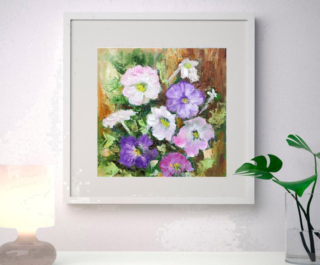 ペチュニアの花オリジナル油絵庭の花の壁アートギフト手工油