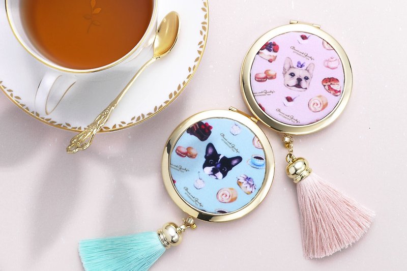 French Bulldog Compact Mirror/ Foldable Mirror/ Pocket Mirror【Bruni・PINK】 - Makeup Brushes - Other Materials Gold