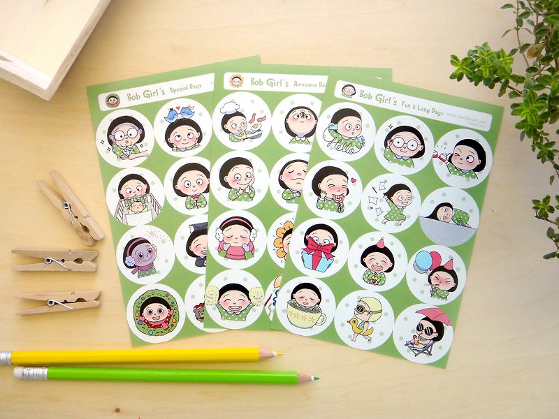 Bob Girl Sticker Sheet - Circle, Round Stickers, Expression, Planner Stickers - สติกเกอร์ - กระดาษ สีเขียว