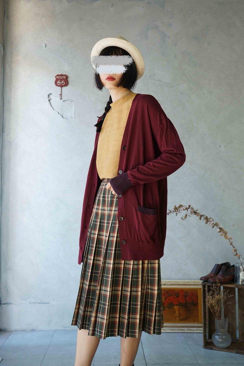 尋寶古著-復古酒紅色薄針織長版開襟外套 - 女毛衣/針織衫 - 羊毛 紅色