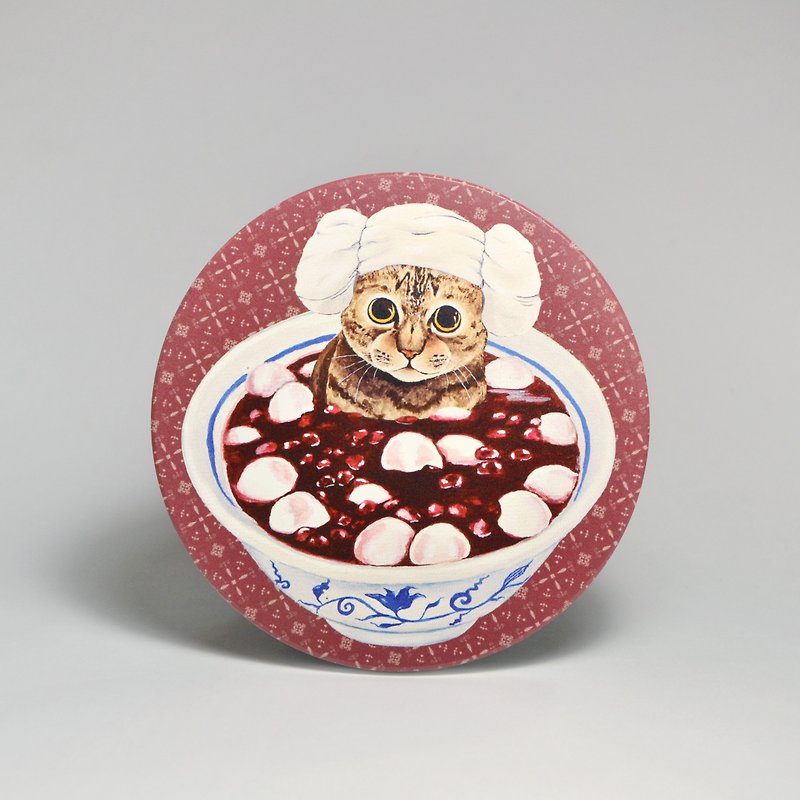 Water-absorbing ceramic coaster-tabby cat soaked red bean glutinous rice balls (free sticker) (customized text can be purchased) - Coasters - Pottery Red