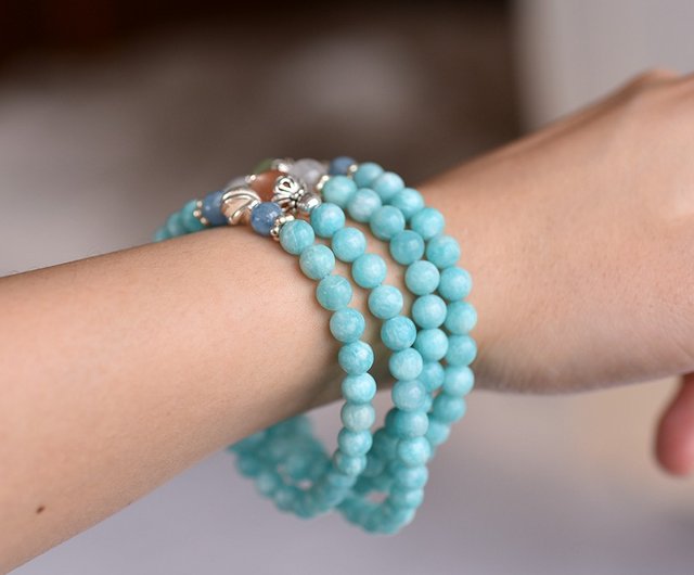 天河石+ 太陽石+ アクアマリン + ムーンストーン 108 数珠 / 仏数珠