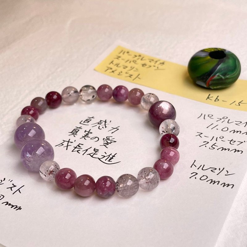 紫鋰雲母 碧璽 金草莓 天然礦石 能量 手作禮物 日本製 水晶手鍊 - 手鍊/手環 - 水晶 多色
