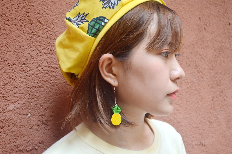 Summer romantic series yellow double-sided hand-painted small pineapple earrings ear clips hand-painted wooden resin sealing layer - Earrings & Clip-ons - Wood Yellow