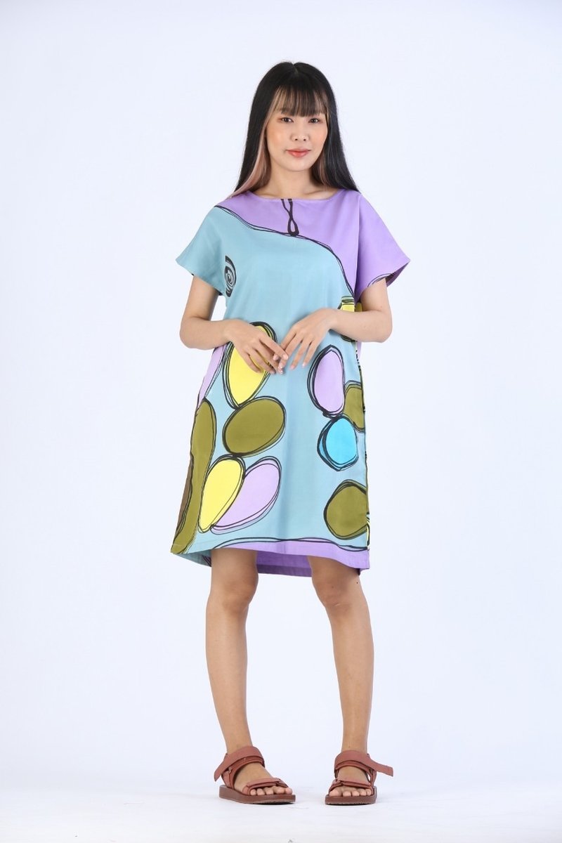 Short Dress Cotton Rayon Hand Paint - 洋裝/連身裙 - 棉．麻 紫色