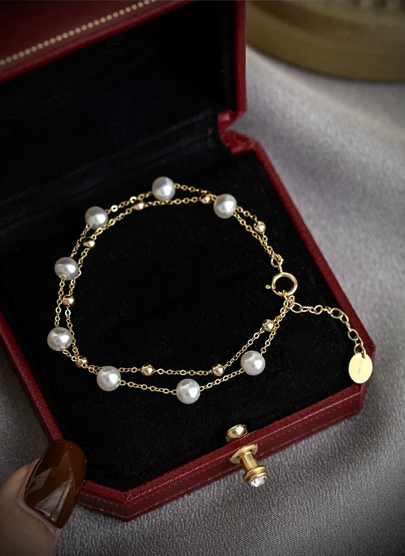 C&W 14k gold-filled small round beads Japanese natural freshwater special-shaped pearl double-layer temperament simple bracelet - สร้อยข้อมือ - ไข่มุก สีทอง