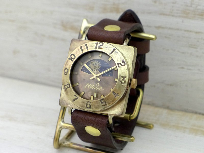 Handmade Watch'CUBE-JB6-S & M'36mm Brass (Brass) Square Sun & Moon (JUM140S & M BR) - นาฬิกาผู้หญิง - ทองแดงทองเหลือง สีทอง