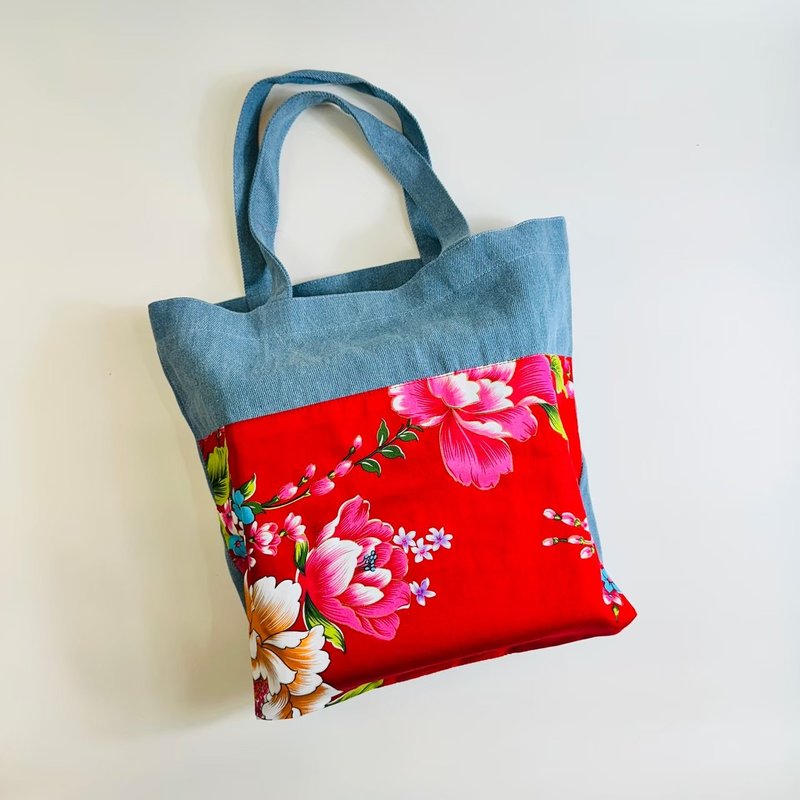 Red peony floral cloth portable denim canvas bag - Handbags & Totes - Cotton & Hemp 