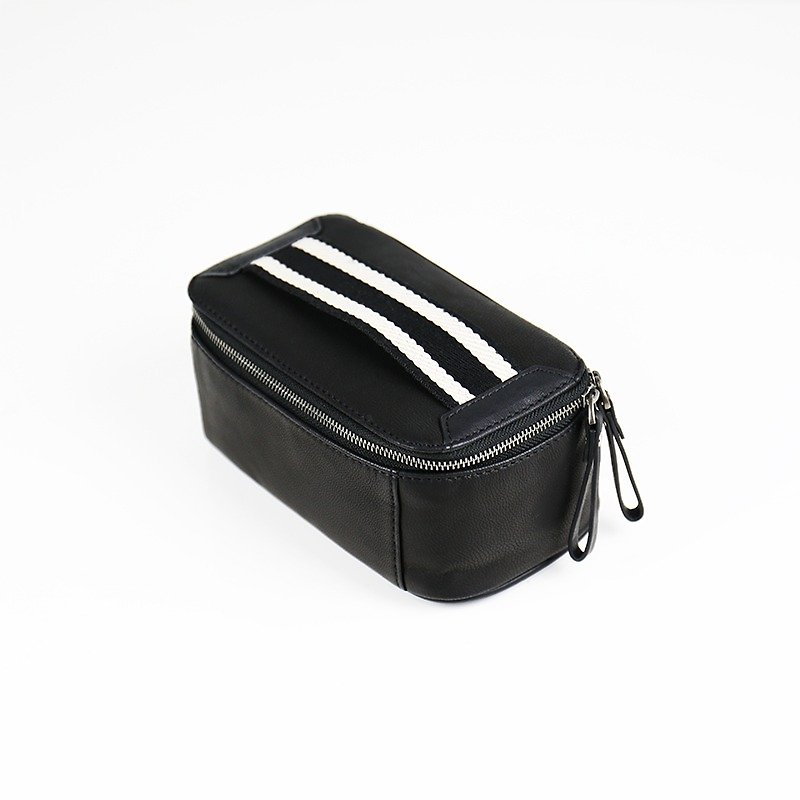 [HANDOS]Suite handsome sports style leather makeup small square bag - กระเป๋าเครื่องสำอาง - หนังแท้ สีดำ