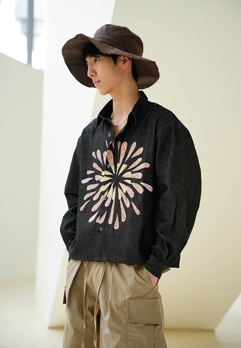 Japanese retro fireworks short denim shirt jacket - Men's Shirts - Other Materials Black