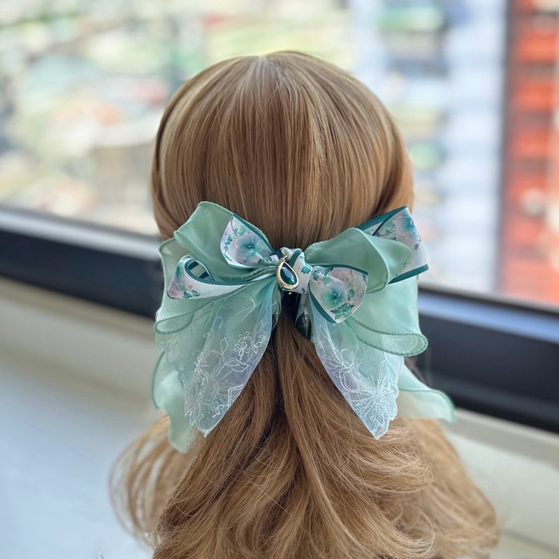 Last in stock - exclusive lace organza bow intersecting clip banana clip fairy clip hair clip - antique green - Hair Accessories - Other Materials Green