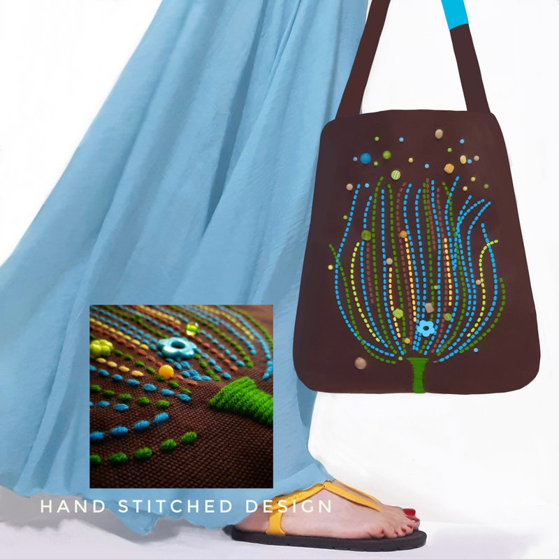 12x13.25 inch tote bag. Fun and original with hand-stitched design and beads - 手提包/手提袋 - 其他材質 咖啡色