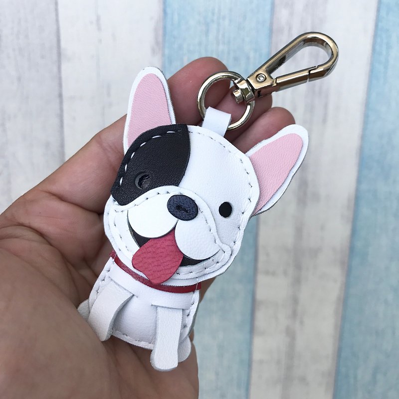 Healing small things white cute smiley face fighting dog hand-sewn leather keychain small size - Keychains - Genuine Leather White