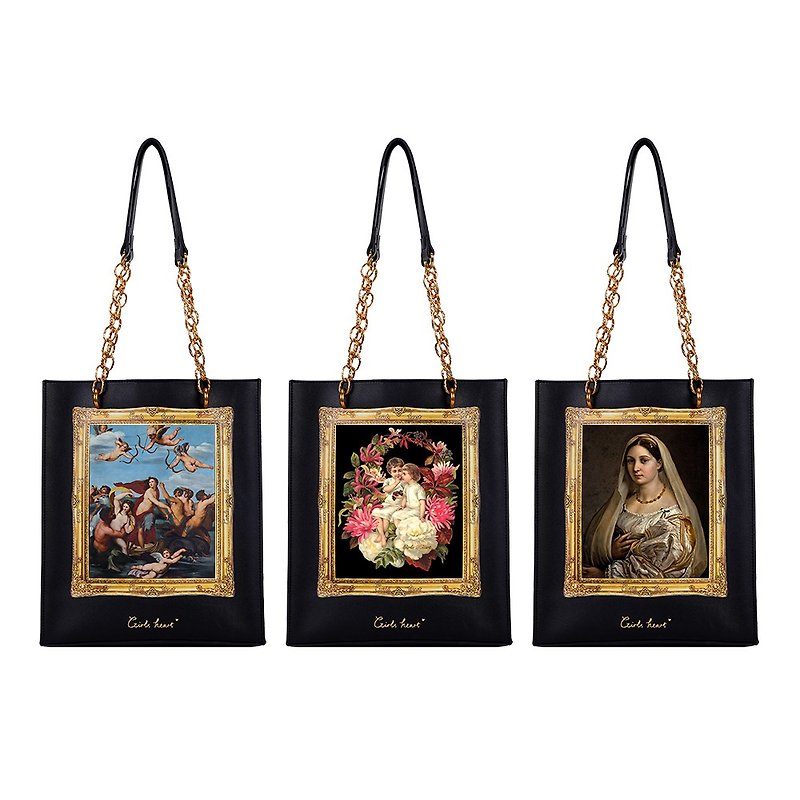 Oil painting girl series exquisite high-end pain bag commuter large capacity practical versatile one-shoulder portable tote bag - กระเป๋าแมสเซนเจอร์ - หนังเทียม สีดำ