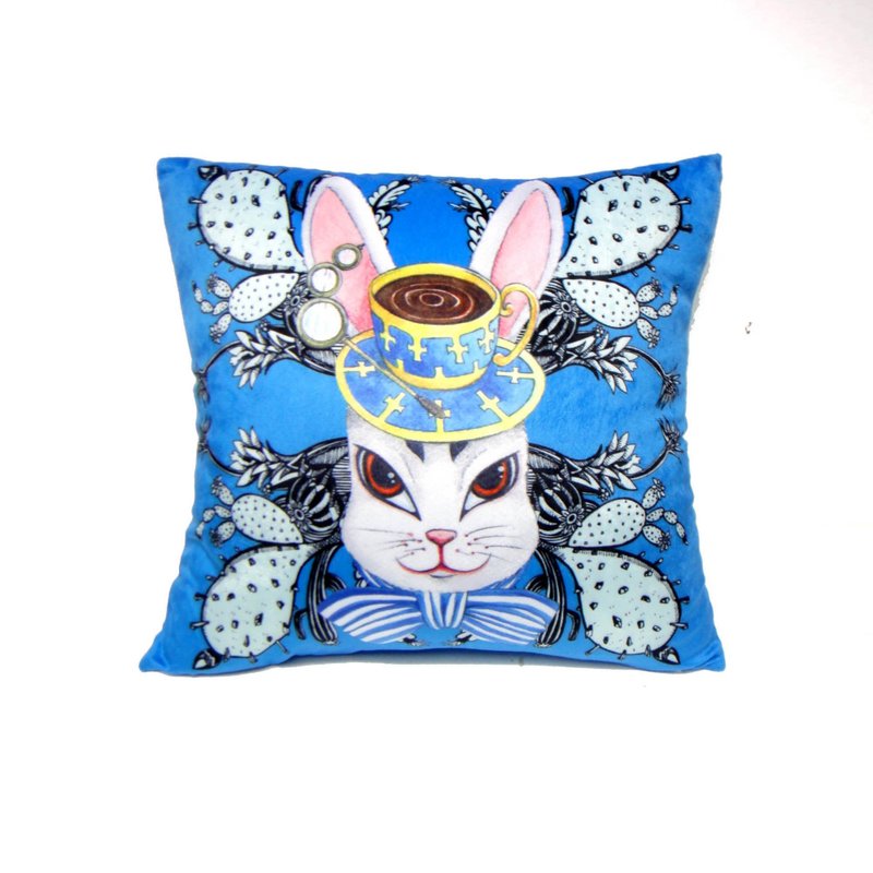 Gookaso 原創繪本設計創作 兔子伯爵卡通絲絨質印花抱枕 45x45cm - 枕頭/抱枕 - 聚酯纖維 藍色