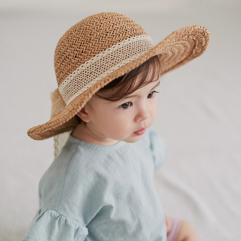 Happy Prince Torchon Lace Ribbon Baby Girl Sunshade Hat - หมวกเด็ก - กระดาษ สีนำ้ตาล