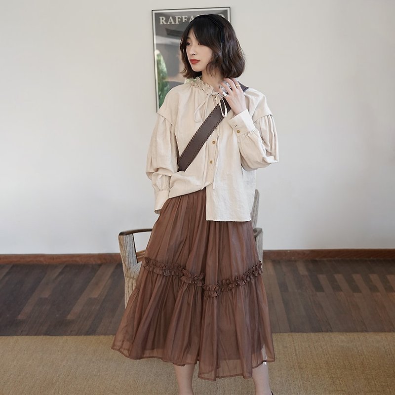 Caramel High Waist Mesh Skirt|Skirt|Summer and Autumn Style|Poly/Viscose Blended+Cotton|Sora-571 - กระโปรง - ไฟเบอร์อื่นๆ 
