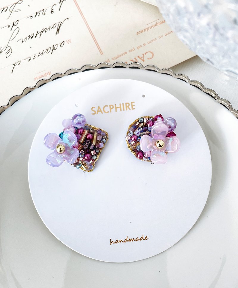 Classical ornate embroidered earrings, floral and romantic - Earrings & Clip-ons - Other Materials Purple