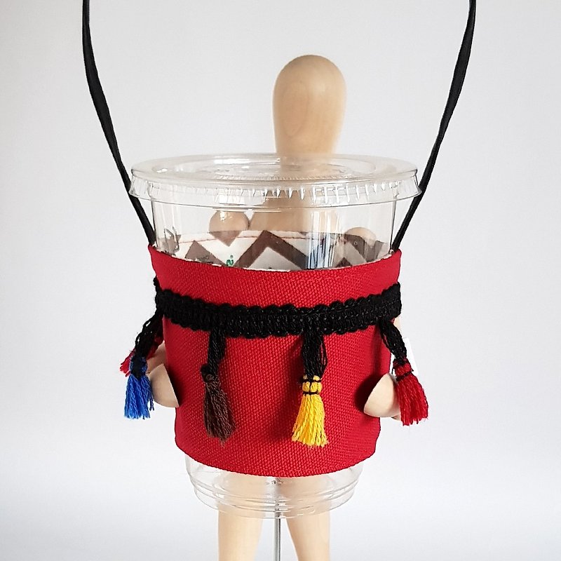 Vintage Style Colorful Tassel Drink Cup Bag/Red - ถุงใส่กระติกนำ้ - ผ้าฝ้าย/ผ้าลินิน สีแดง