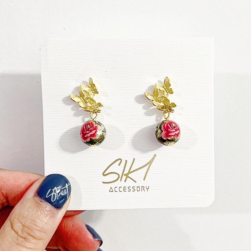 3D Butterfly Stud Earrings with Painted Beads - ต่างหู - โลหะ สีทอง