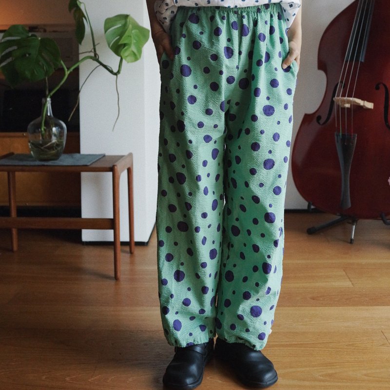 Mint Green Bubble Polka Dot Cotton Spring/Summer Sport Yoga Drawstring Lantern Pants Straight-Leg Trousers - กางเกงขายาว - ผ้าฝ้าย/ผ้าลินิน สีเขียว