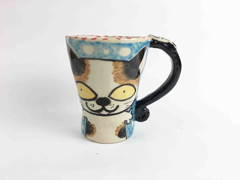 Nice Little Clay Bell Handmade Cup_ 三毛 猫 0101-14 - แก้วมัค/แก้วกาแฟ - ดินเผา สีน้ำเงิน