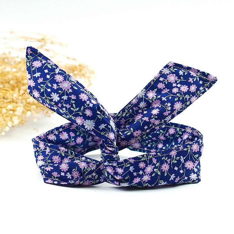Calf Calf Village Village hair ornaments handmade aluminum ribbon scarf headband multivariate modeling soft purple flower floral {} indigo [A-10] - เครื่องประดับผม - กระดาษ สีน้ำเงิน