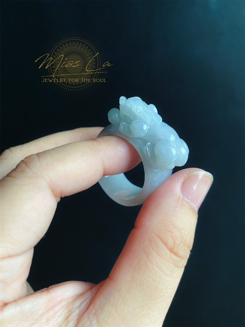 天然緬甸玉 翡翠 招財霸王 貔貅 有錢 翡翠 戒指 玉 戒環 ring - 戒指 - 玉石 綠色