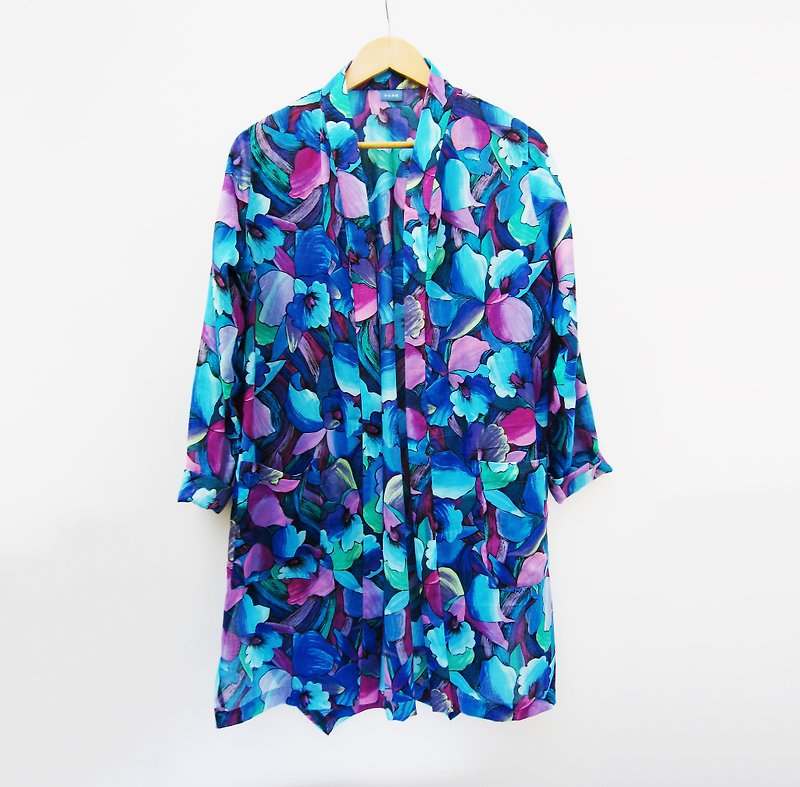 Spring/Summer, Fauvism Garden Long Blouse - จัมพ์สูท - ผ้าฝ้าย/ผ้าลินิน สีน้ำเงิน