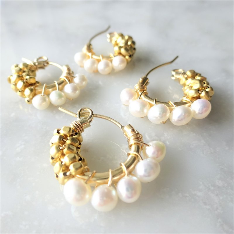 14Kgf*Freshwater pearl gold bi-color wraped earrings / pierced earrings - ピアス・イヤリング - 宝石 ゴールド