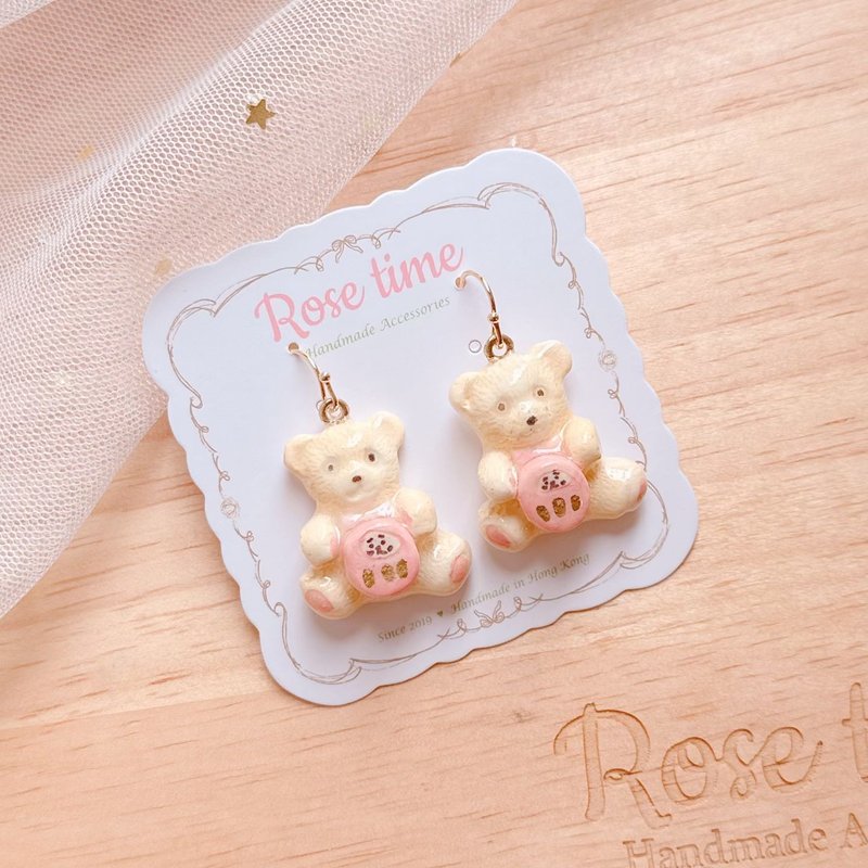 Hand-painted Japanese-style bear doll (newborn bear) Daruma - Earrings & Clip-ons - Clay Pink