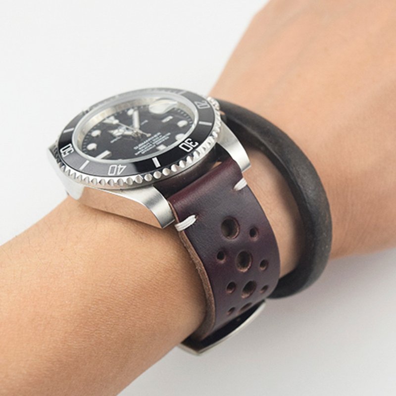 Sweat resistant retro porous punk horween single leather strap customization - สายนาฬิกา - หนังแท้ สีดำ