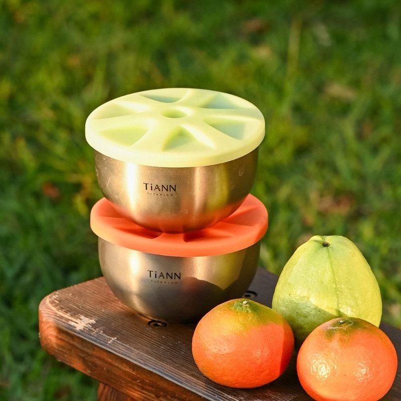 [Pure titanium double-layer bowl 550ml] Comes with original color pure titanium small spoon + non-toxic Silicone lid (three colors available) - Bowls - Other Metals Silver