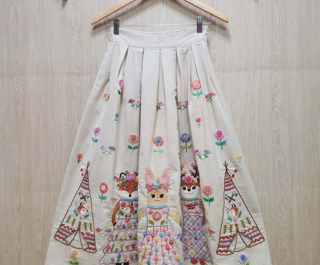 Hand Embroidery Skirt Cotton Fabric Flower Deer Fox Rabbit Teepee Tent Shop TreeHouse In The Woods Skirts Pinkoi