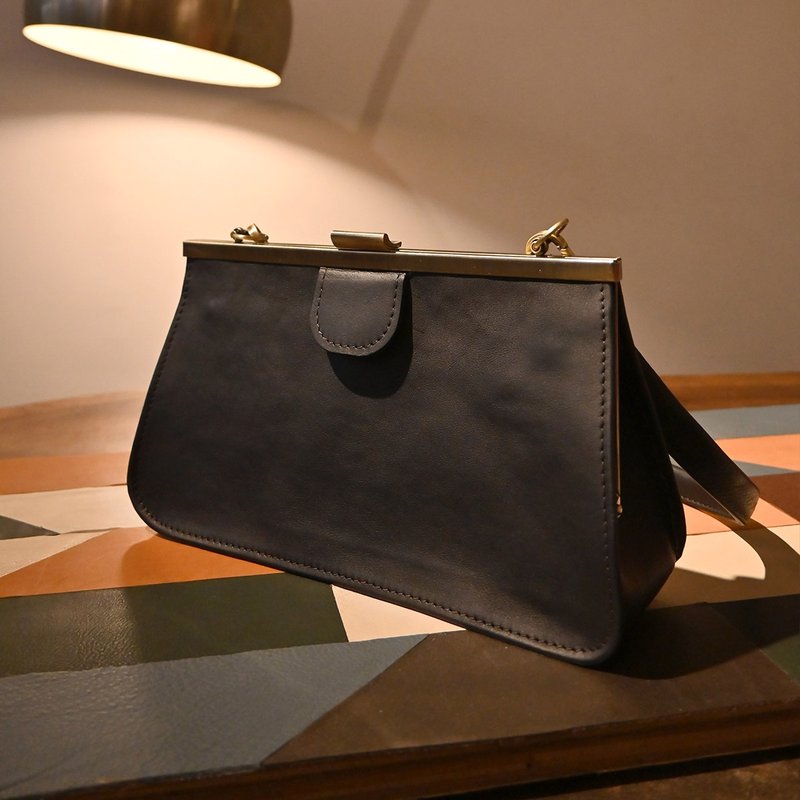 [Remember Me] Retro Texture Leather Trapezoidal Mouth Gold Bag _ Fog Black - Handbags & Totes - Genuine Leather Black