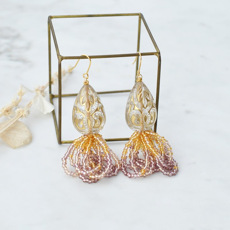 Gradient Bead Tassel Earrings/ Sunset - Earrings & Clip-ons - Other Materials Pink