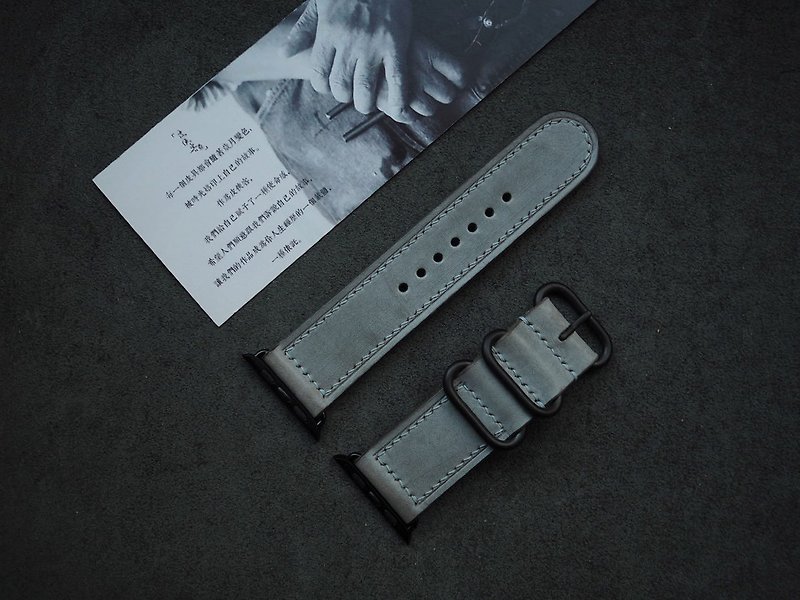 純手工牛皮擦蠟灰色蘋果Applewatch錶帶 顏色款式可客製化 可刻字 - 錶帶 - 真皮 灰色