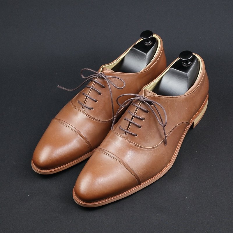 Captoe Classic Crossed Oxford Shoes-Brandy - รองเท้าอ็อกฟอร์ดผู้ชาย - หนังแท้ สีกากี